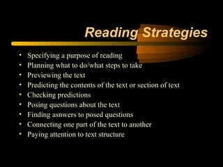 Reading Strategies
•   Specifying a purpose of reading
•   Planning what to do/what steps to take
•   Previewing the text
•   Predicting the contents of the text or section of text
•   Checking predictions
•   Posing questions about the text
•   Finding asnwers to posed questions
•   Connecting one part of the text to another
•   Paying attention to text structure
 
