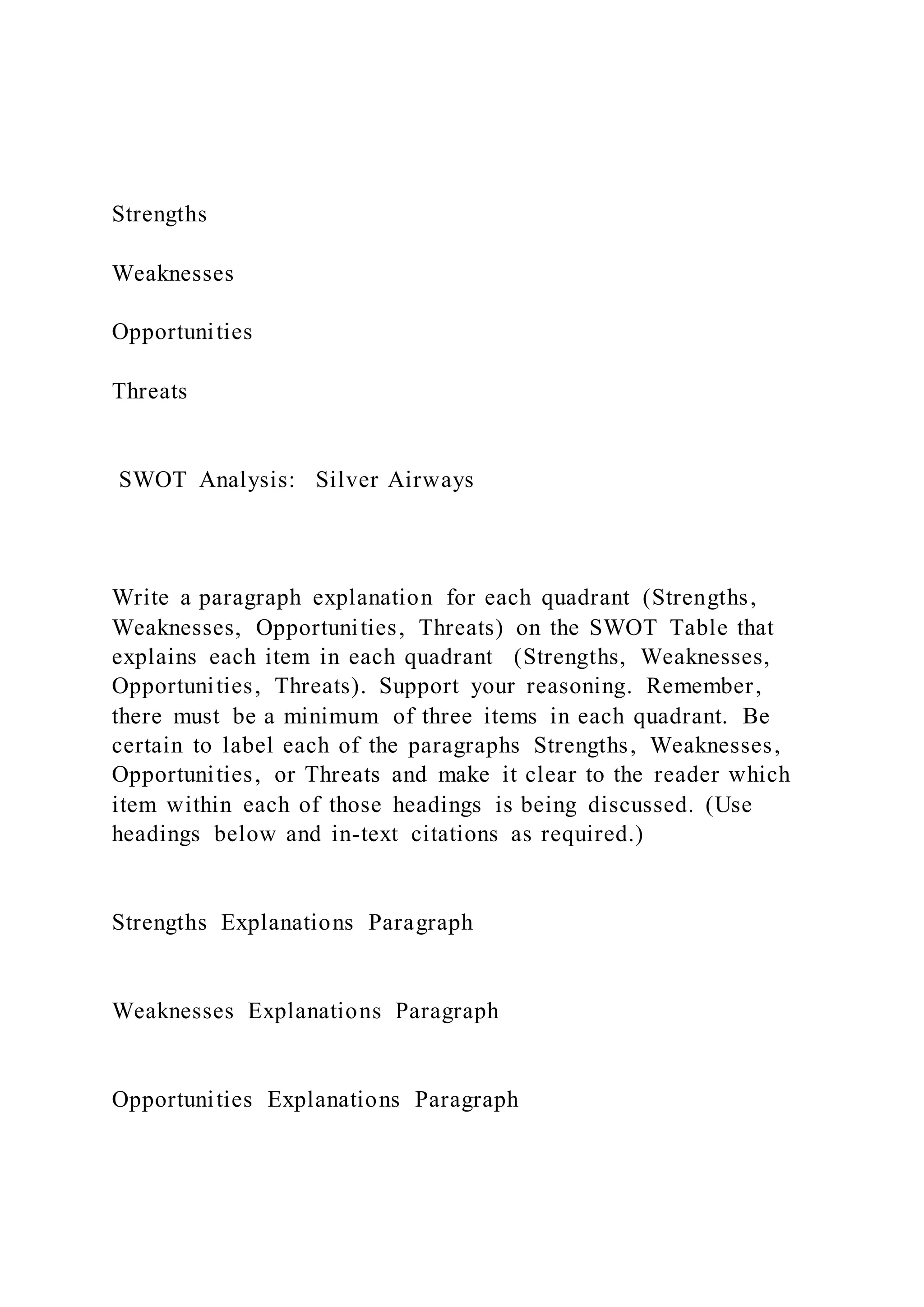 Strengths
Weaknesses
Opportunities
Threats
SWOT Analysis: Silver Airways
Write a paragraph explanation for each quadrant (Strengths,
Weaknesses, Opportunities, Threats) on the SWOT Table that
explains each item in each quadrant (Strengths, Weaknesses,
Opportunities, Threats). Support your reasoning. Remember,
there must be a minimum of three items in each quadrant. Be
certain to label each of the paragraphs Strengths, Weaknesses,
Opportunities, or Threats and make it clear to the reader which
item within each of those headings is being discussed. (Use
headings below and in-text citations as required.)
Strengths Explanations Paragraph
Weaknesses Explanations Paragraph
Opportunities Explanations Paragraph
 