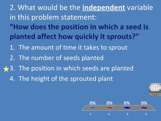 2. What would be the independent variable
in this problem statement:
“How does the position in which a seed is
planted affect how quickly it sprouts?”
1. 2. 3. 4.
0% 0%0%0%
1. The amount of time it takes to sprout
2. The number of seeds planted
3. The position in which seeds are planted
4. The height of the sprouted plant
 