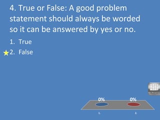 4. True or False: A good problem
statement should always be worded
so it can be answered by yes or no.
1. 2.
0%0%
1. True
2. False
 