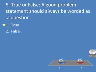 5. True or False: A good problem
statement should always be worded as
a question.
1. 2.
0%0%
1. True
2. False
 