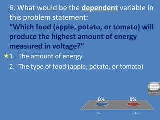 6. What would be the dependent variable in
this problem statement:
“Which food (apple, potato, or tomato) will
produce the highest amount of energy
measured in voltage?”
1. 2.
0%0%
1. The amount of energy
2. The type of food (apple, potato, or tomato)
 