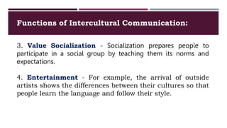 Functions of Intercultural Communication:
3. Value Socialization - Socialization prepares people to
participate in a social group by teaching them its norms and
expectations.
4. Entertainment - For example, the arrival of outside
artists shows the differences between their cultures so that
people learn the language and follow their style.
 