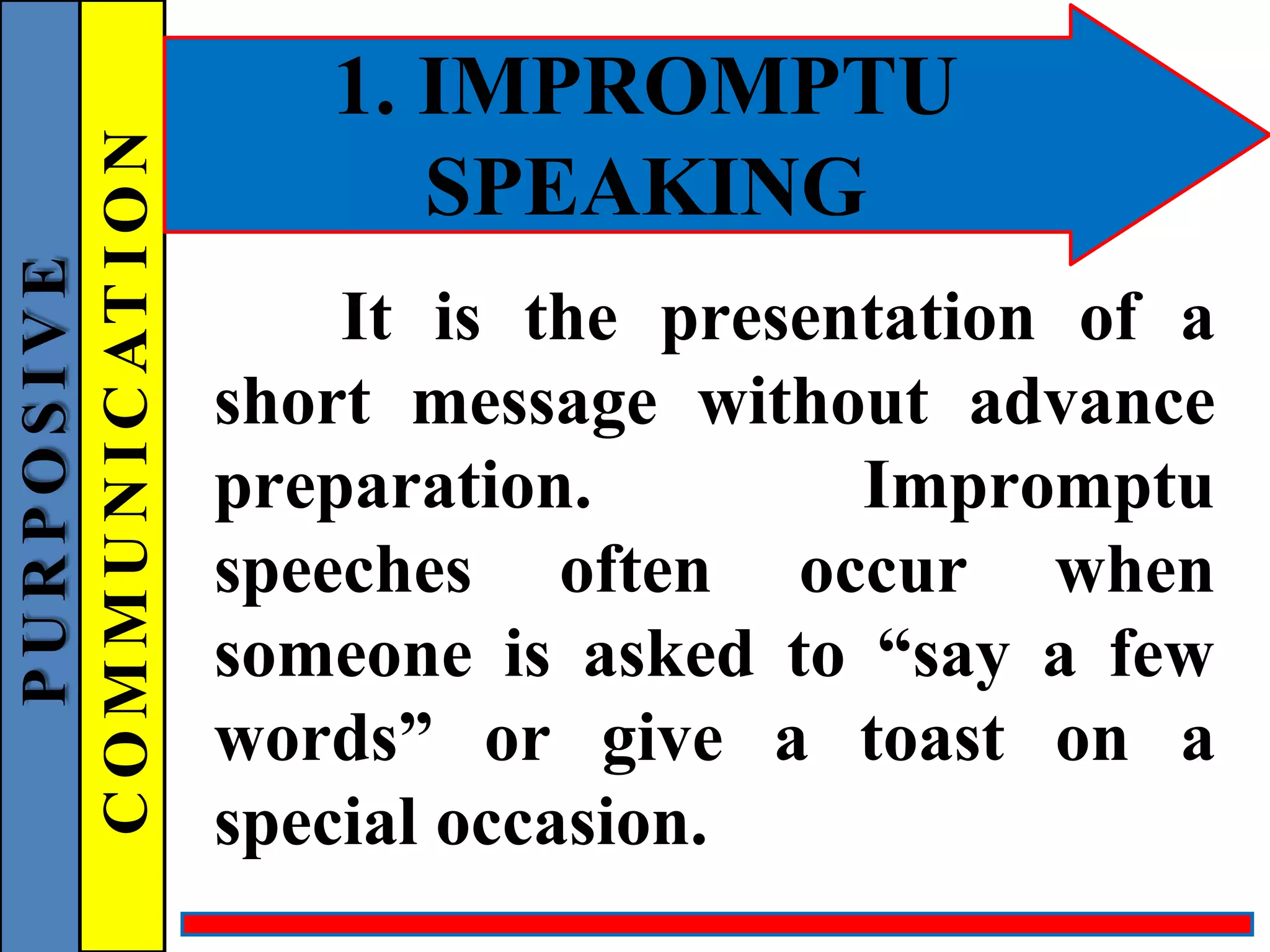 1. IMPROMPTU
SPEAKING
It is the presentation of a
short message without advance
preparation. Impromptu
speeches often occur when
someone is asked to “say a few
words” or give a toast on a
special occasion.
P
U
R
P
O
S
I
V
E
C
O
M
M
U
N
I
C
AT
I
O
N
 