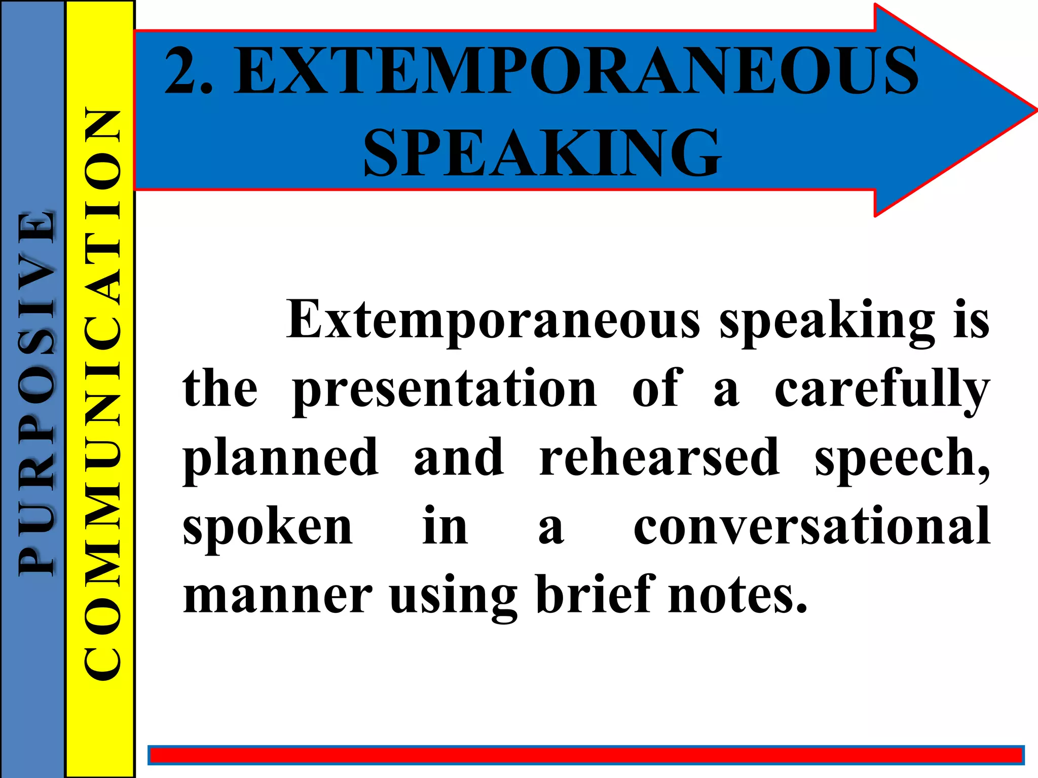 2. EXTEMPORANEOUS
SPEAKING
Extemporaneous speaking is
the presentation of a carefully
planned and rehearsed speech,
spoken in a conversational
manner using brief notes.
P
U
R
P
O
S
I
V
E
C
O
M
M
U
N
I
C
AT
I
O
N
 