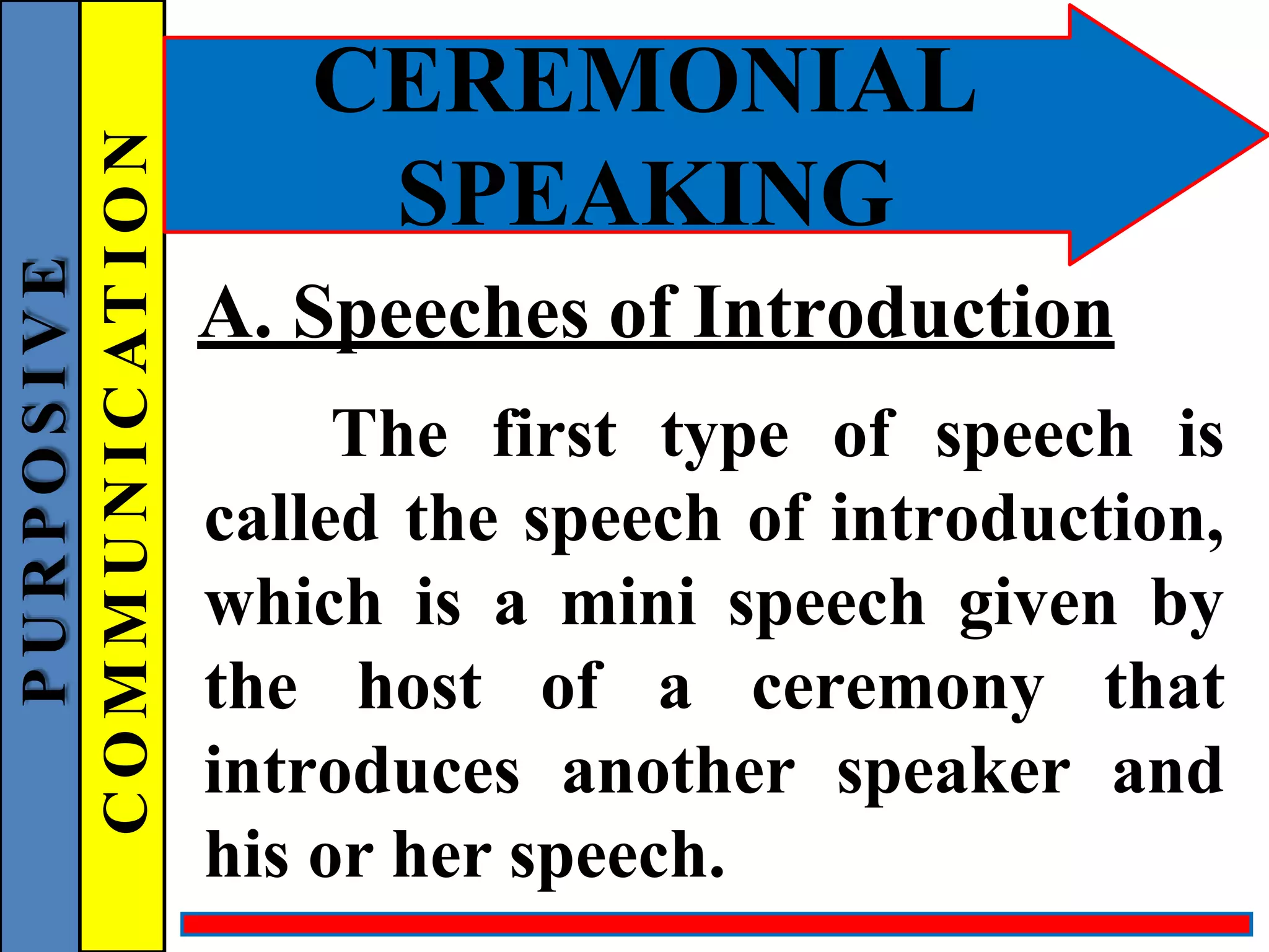 CEREMONIAL
SPEAKING
A. Speeches of Introduction
The first type of speech is
called the speech of introduction,
which is a mini speech given by
the host of a ceremony that
introduces another speaker and
his or her speech.
P
U
R
P
O
S
I
V
E
C
O
M
M
U
N
I
C
AT
I
O
N
 