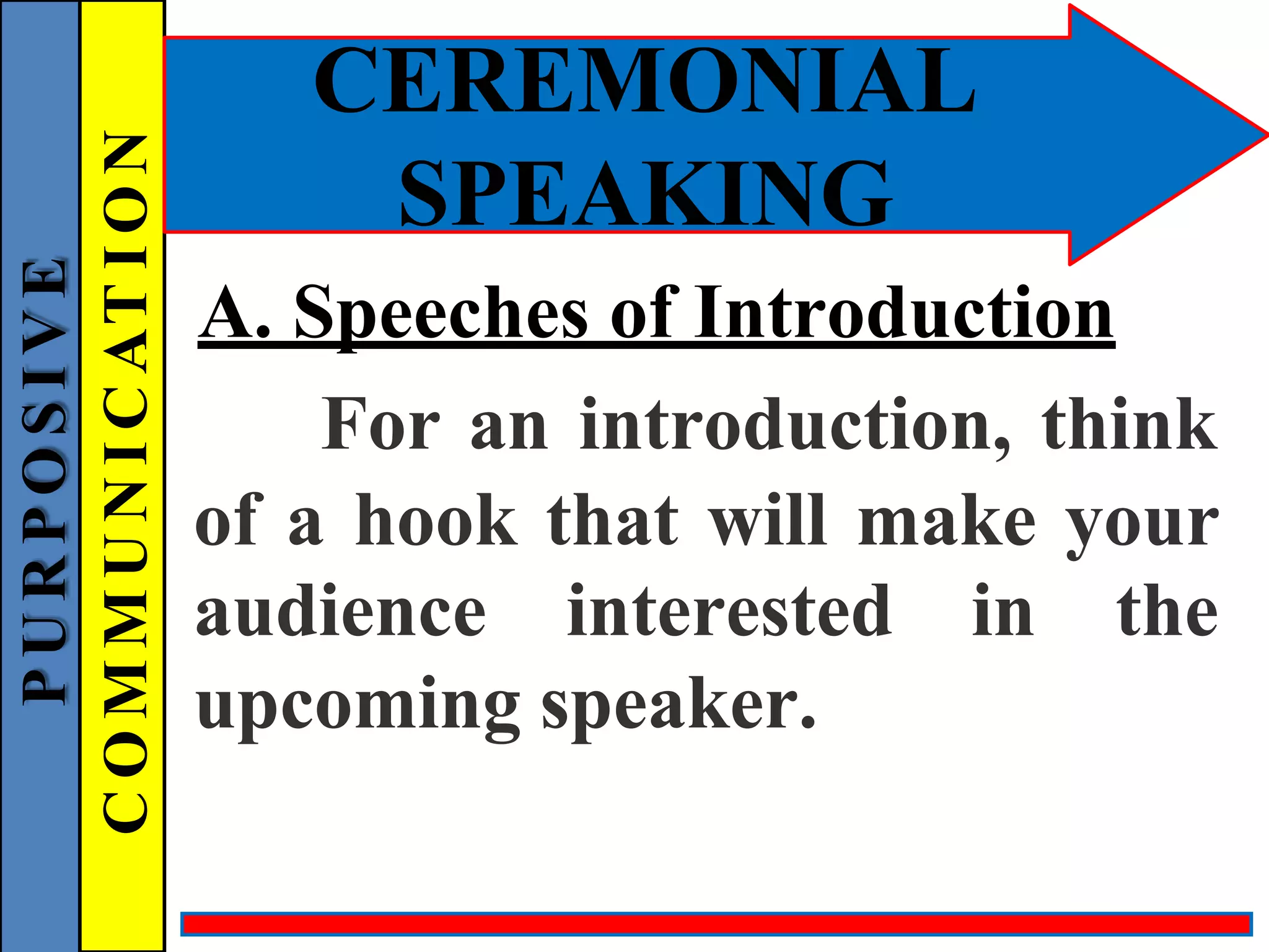 CEREMONIAL
SPEAKING
A. Speeches of Introduction
For an introduction, think
of a hook that will make your
audience interested in the
upcoming speaker.
P
U
R
P
O
S
I
V
E
C
O
M
M
U
N
I
C
AT
I
O
N
 