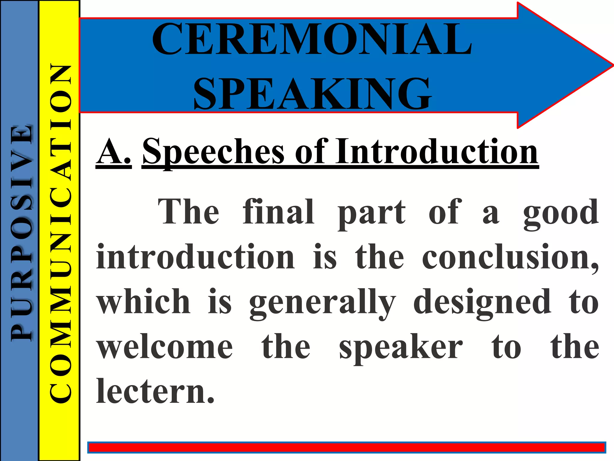 CEREMONIAL
SPEAKING
A. Speeches of Introduction
The final part of a good
introduction is the conclusion,
which is generally designed to
welcome the speaker to the
lectern.
P
U
R
P
O
S
I
V
E
C
O
M
M
U
N
I
C
AT
I
O
N
 