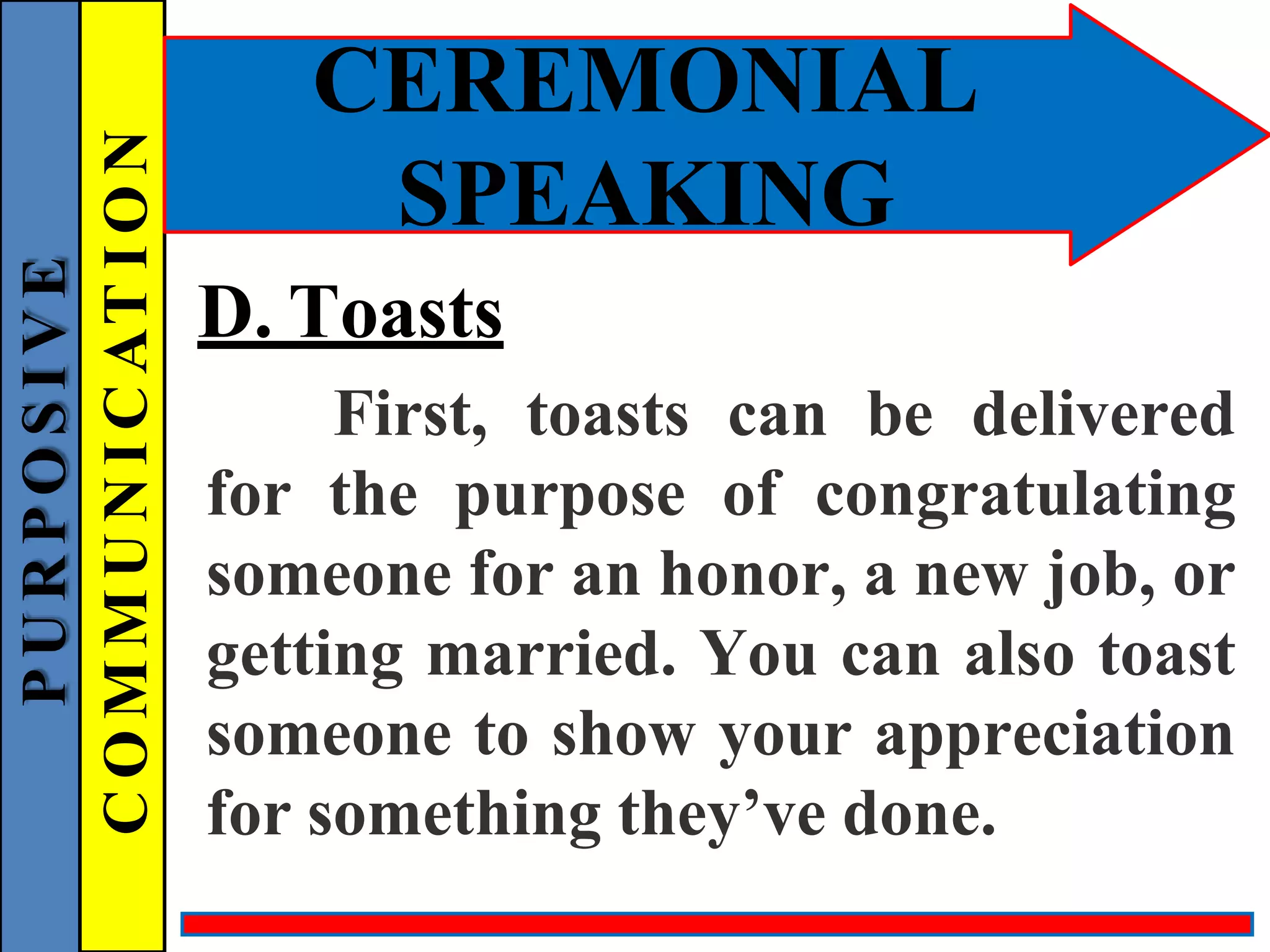 CEREMONIAL
SPEAKING
D. Toasts
First, toasts can be delivered
for the purpose of congratulating
someone for an honor, a new job, or
getting married. You can also toast
someone to show your appreciation
for something they’ve done.
P
U
R
P
O
S
I
V
E
C
O
M
M
U
N
I
C
AT
I
O
N
 