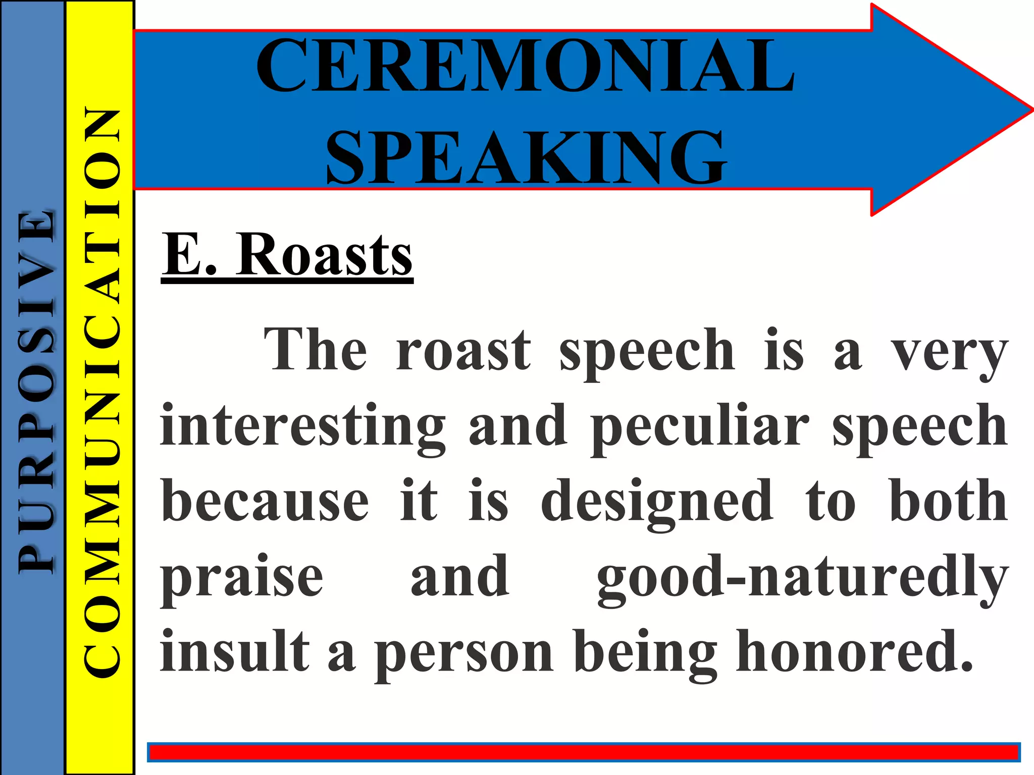 CEREMONIAL
SPEAKING
E. Roasts
The roast speech is a very
interesting and peculiar speech
because it is designed to both
praise and good-naturedly
insult a person being honored.
P
U
R
P
O
S
I
V
E
C
O
M
M
U
N
I
C
AT
I
O
N
 