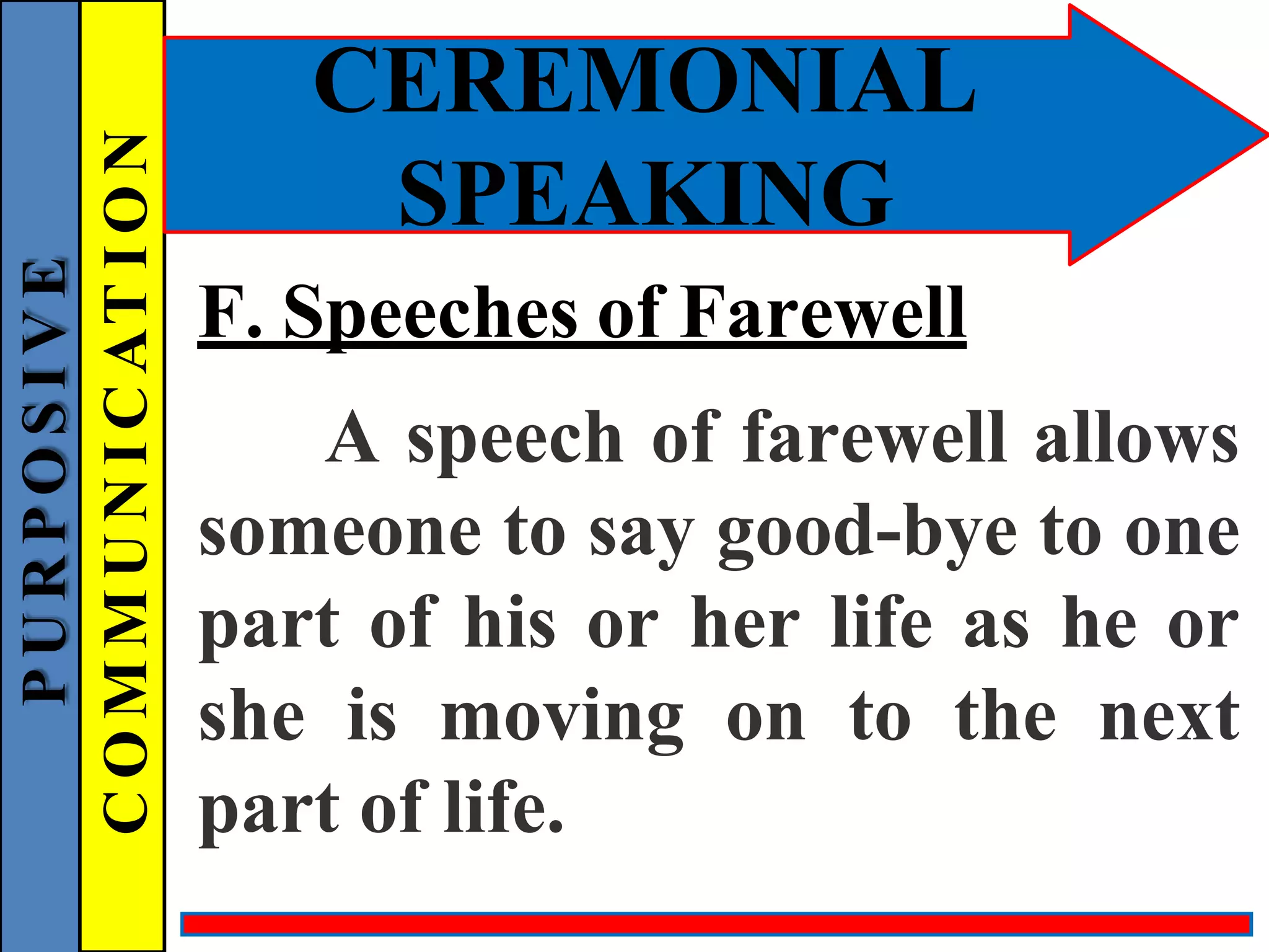 CEREMONIAL
SPEAKING
F. Speeches of Farewell
A speech of farewell allows
someone to say good-bye to one
part of his or her life as he or
she is moving on to the next
part of life.
P
U
R
P
O
S
I
V
E
C
O
M
M
U
N
I
C
AT
I
O
N
 