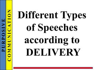 PURPOSIVE
COMMUNICATION
Different Types
of Speeches
according to
DELIVERY
 
