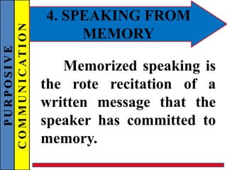 PURPOSIVE
COMMUNICATION 4. SPEAKING FROM
MEMORY
Memorized speaking is
the rote recitation of a
written message that the
speaker has committed to
memory.
 