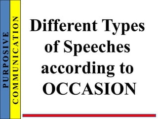 PURPOSIVE
COMMUNICATION
Different Types
of Speeches
according to
OCCASION
 