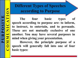 PURPOSIVE
COMMUNICATION Different Types of Speeches
according to Purpose
The four basic types of
speech according to purpose are: to inform,
to instruct, to entertain, and to persuade.
These are not mutually exclusive of one
another. You may have several purposes in
mind when giving your presentation.
However, the principle purpose of a
speech will generally fall into one of four
basic types:
 