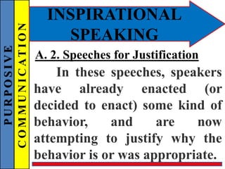 PURPOSIVE
COMMUNICATION
INSPIRATIONAL
SPEAKING
A. 2. Speeches for Justification
In these speeches, speakers
have already enacted (or
decided to enact) some kind of
behavior, and are now
attempting to justify why the
behavior is or was appropriate.
 