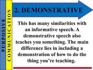 PURPOSIVE
COMMUNICATION 2. DEMONSTRATIVE
This has many similarities with
an informative speech. A
demonstrative speech also
teaches you something. The main
difference lies in including a
demonstration of how to do the
thing you’re teaching.
 