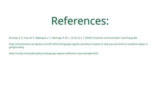 References:
Acoritay, D. P., Into, W. P., Malanguis, J. T., Maningo, R. M. L., & Tan, D. J. T. (2020). Purposive communication: Learning guide
https://drsaraheaton.wordpress.com/2012/05/22/language-register-and-why-it-matters-or-why-you-cant-write-an-academic-paper-in-
gangsta-slang
https://study.com/academy/lesson/language-registers-definition-uses-examples.html
 