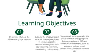 Learning Objectives
Evaluate the effectiveness of
different language registers
in achieving specific
communication goals, such
as persuading, informing,
entertaining, or instructing
Determine what are the
different language registers
Students will understand why it is
crucial to match the appropriate
language register to different
communication contexts, such as
academic writing, casual
conversations, professional emails,
etc.
01 02 03
 