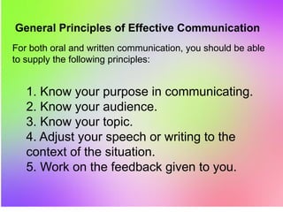 General Principles of Effective Communication
For both oral and written communication, you should be able
to supply the following principles:
1. Know your purpose in communicating.
2. Know your audience.
3. Know your topic.
4. Adjust your speech or writing to the
context of the situation.
5. Work on the feedback given to you.
 