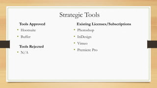 • Hootsuite
• Buffer
Tools Approved
Tools Rejected
Strategic Tools
• N/A
Existing Licenses/Subscriptions
• Photoshop
• InDesign
• Vimeo
• Premiere Pro
 