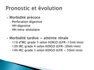  Morbidité précoce
◦ Perforation digestive
◦ HH digestive
◦ HH intra-alvéolaire
 Morbidité tardive = atteinte rénale
◦ 11% d’IRC grade 5 selon KDIGO (GFR<15ml/min)
◦ 13% IRC grade 4 selon KDIGO (GFR<30ml/min)
◦ 14% IRC grade 3 selon KDIGO (GFR < 50ml/min)
 