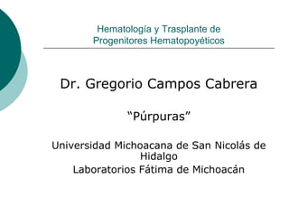 Hematología y Trasplante de
Progenitores Hematopoyéticos

Dr. Gregorio Campos Cabrera
“Púrpuras”
Universidad Michoacana de San Nicolás de
Hidalgo
Laboratorios Fátima de Michoacán

 