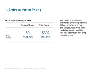 In US dollars. Global electronic order book (largest 50 exchanges). Source: World Federation of Exchanges.
1. Embrace Market Pricing
The market is an effective,
information-processing machine.
Millions of participants buy
and sell securities in the world
markets every day, and the
real-time information they bring
helps set prices.
1
World Equity Trading in 2014
Number of Trades Dollar Volume
Daily
Average
60
million
$302
billion
 