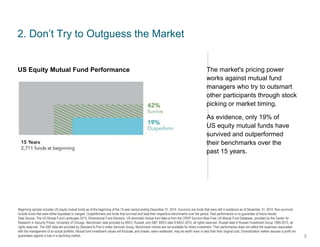 Beginning sample includes US equity mutual funds as of the beginning of the 15-year period ending December 31, 2014. Survivors are funds that were still in existence as of December 31, 2014. Non-survivors
include funds that were either liquidated or merged. Outperformers are funds that survived and beat their respective benchmarks over the period. Past performance is no guarantee of future results.
Data Source: The US Mutual Fund Landscape 2015, Dimensional Fund Advisors. US-domiciled mutual fund data is from the CRSP Survivor-Bias-Free US Mutual Fund Database, provided by the Center for
Research in Security Prices, University of Chicago. Benchmark data provided by MSCI, Russell, and S&P. MSCI data © MSCI 2015, all rights reserved. Russell data © Russell Investment Group 1995-2015, all
rights reserved. The S&P data are provided by Standard & Poor’s Index Services Group. Benchmark indices are not available for direct investment. Their performance does not reflect the expenses associated
with the management of an actual portfolio. Mutual fund investment values will fluctuate, and shares, when redeemed, may be worth more or less than their original cost. Diversification neither assures a profit nor
guarantees against a loss in a declining market.
2. Don’t Try to Outguess the Market
The market's pricing power
works against mutual fund
managers who try to outsmart
other participants through stock
picking or market timing.
As evidence, only 19% of
US equity mutual funds have
survived and outperformed
their benchmarks over the
past 15 years.
2
US Equity Mutual Fund Performance
 