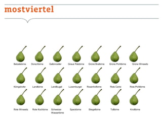 Betzelsbirne

Dorschbirne

Gelbmostler

Königshofer

Landlbirne

Landlkugel

Rote Winawitz

Rote Kochbirne

Schweizer
Wasserbirne

Graue Pelzbirne

Grüne Bratbirne

Luxemburger

Rosenhofbirne

Speckbirne

Stiegelbirne

Grüne Pichlbirne

Grüne Winawitz

Rote Carisi

Rote Pichlbirne

Tollbirne

Knollbirne

 
