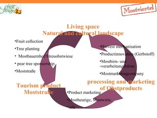 Living space
Natural and cultural landscape
•Fruit collection
•Tree planting

•Harvest mechanisation

• Mostbauernhof/Streuobstwiese

•Productinnovation (Gerbstoff)

• pear tree sponsorship

•Mostbirn- und
-verarbeitungsbörse

•Moststraße

Tourism product
Moststraße

•Mostmarketingcompany

processing and marketing
of Obstproducts

•Product marketing

•Mostheurige, Mostwirte,
•sale

 