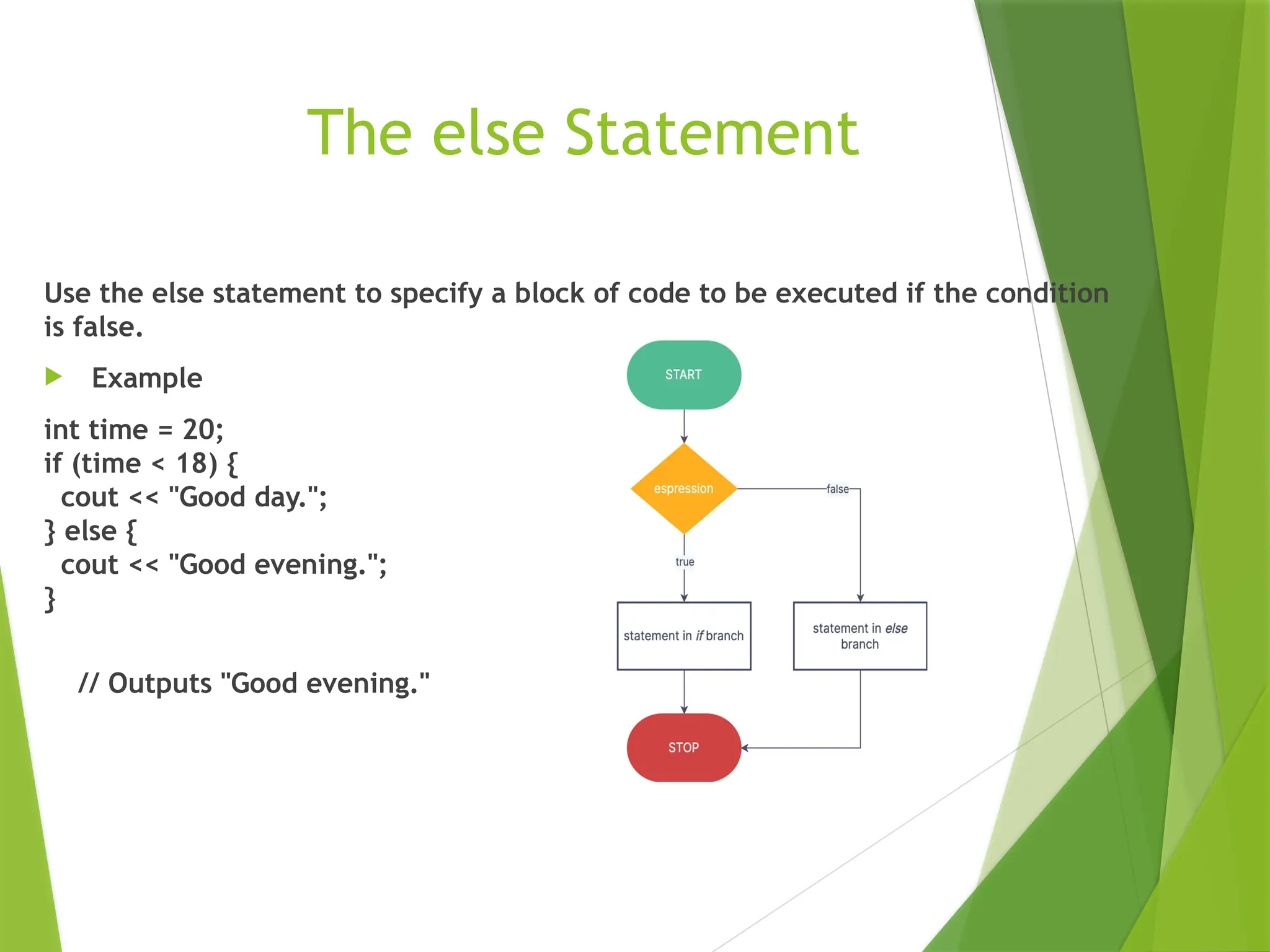 The else Statement
Use the else statement to specify a block of code to be executed if the condition
is false.
 Example
int time = 20;
if (time < 18) {
cout << "Good day.";
} else {
cout << "Good evening.";
}
// Outputs "Good evening."
 