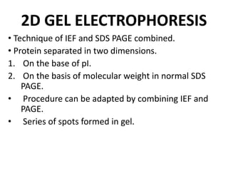 2D GEL ELECTROPHORESIS
• Technique of IEF and SDS PAGE combined.
• Protein separated in two dimensions.
1. On the base of pI.
2. On the basis of molecular weight in normal SDS
PAGE.
• Procedure can be adapted by combining IEF and
PAGE.
• Series of spots formed in gel.
 