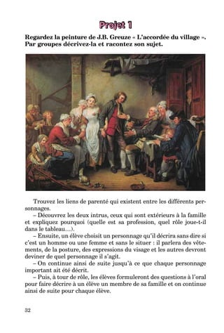 32
Projet 1
Regardez la peinture de J.B. Greuze « L’accordée du village ».
Par groupes décrivez-la et racontez son sujet.
Trouvez les liens de parenté qui existent entre les différents per-
sonnages.
– Découvrez les deux intrus, ceux qui sont extérieurs à la famille
et expliquez pourquoi (quelle est sa profession, quel rôle joue-t-il
dans le tableau…).
– Ensuite, un élève choisit un personnage qu’il décrira sans dire si
c’est un homme ou une femme et sans le situer : il parlera des vête-
ments, de la posture, des expressions du visage et les autres devront
deviner de quel personnage il s’agit.
– On continue ainsi de suite jusqu’à ce que chaque personnage
important ait été décrit.
– Puis, à tour de rôle, les élèves formuleront des questions à l’oral
pour faire décrire à un élève un membre de sa famille et on continue
ainsi de suite pour chaque élève.
 