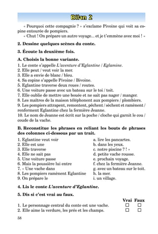 58
Bilan 2
« Pourquoi cette compagnie ? » s’exclame Pivoine qui voit sa co-
pine entourée de pompiers.
« Chut ! On prépare un autre voyage... et je t’emmène avec moi ! »
2. Dessine quelques scènes du conte.
3. Écoute la deuxième fois.
A. Choisis la bonne variante.
1. Le conte s’appelle L’aventure d’Eglantine / Eglamine.
2. Elle peut / veut voir la mer.
3. Elle a envie de blanc / bleu.
4. Sa copine s’appelle Pivoine / Bivoine.
5. Eglantine traverse deux roues / routes.
6. Une voiture passe avec un bateau sur le toi / toit.
7. Elle oublie de mettre une bouée et ne sait pas nager / manger.
8. Les maîtres de la maison téléphonent aux pompiers / plombiers.
9. Les pompiers attrapent, remontent, pêchent / sèchent et ramènent /
renferment Eglantine chez la fermière Jeanne.
10. Le nom de Jeanne est écrit sur la poche / cloche qui garnit le cou /
coude de la vache.
B. Reconstitue les phrases en reliant les bouts de phrases
des colonnes ci-dessous par un trait.
1. Eglantine veut voir
2. Elle est une
3. Elle traverse
4. Elle ne sait pas
5. Une voiture passe
6. Mais la poussière lui entre
7. « Une vache dans
8. Les pompiers ramènent Eglantine
9. On prépare le
a. lire les pancartes.
b. dans les yeux.
c. notre piscine ? ! »
d. petite vache rousse.
e. prochain voyage.
f. chez la fermière Jeanne.
g. avec un bateau sur le toit.
h. la mer.
i. un village.
4. Lis le conte L’aventure d’Eglantine.
5. Dis si c’est vrai au faux.
Vrai Faux
1. Le personnage central du conte est une vache.
2. Elle aime la verdure, les prés et les champs.
 