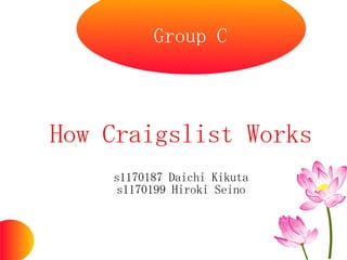 Group C



How Craigslist Works
    s1170187 Daichi Kikuta
     s1170199 Hiroki Seino
 