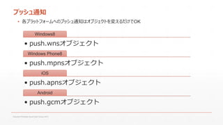 プッシュ通知
▪ 各プラットフォームへのプッシュ通知はオブジェクトを変えるだけでOK
Windows8

• push.wnsオブジェクト
Windows Phone8

• push.mpnsオブジェクト
iOS

• push.apnsオブジェクト
Android

• push.gcmオブジェクト
Fukuoka Windows Azure User Group 2013

 