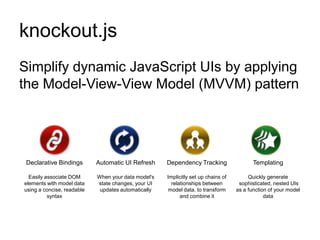 knockout.js
Simplify dynamic JavaScript UIs by applying
the Model-View-View Model (MVVM) pattern




 Declarative Bindings...