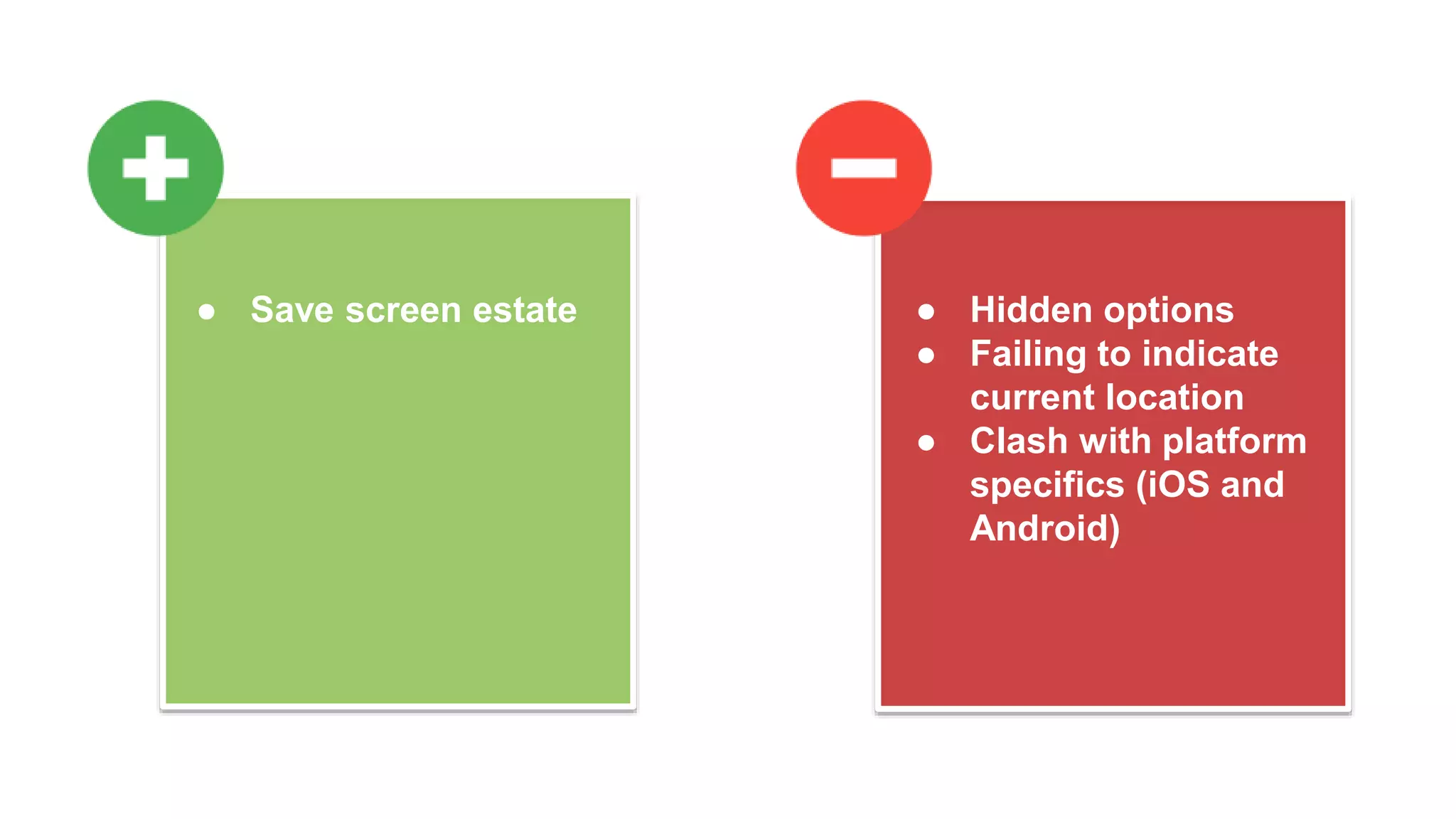 ● Hidden options
● Failing to indicate
current location
● Clash with platform
specifics (iOS and
Android)
● Save screen estate
 
