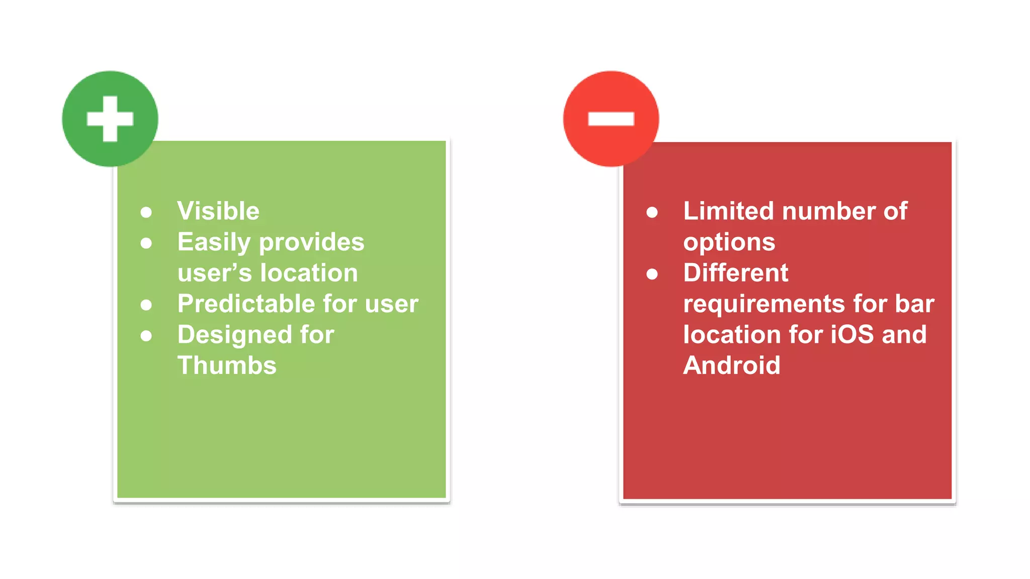 ● Visible
● Easily provides
user’s location
● Predictable for user
● Designed for
Thumbs
● Limited number of
options
● Different
requirements for bar
location for iOS and
Android
 