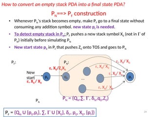 24
PN==> PF construction
• Whenever PN’s stack becomes empty, make PF go to a final state without
consuming any addition symbol. new state pf is needed.
• To detect empty stack in PN: PF pushes a new stack symbol X0 (not in  of
PN) initially before simulating PN
• New start state p0 in Pf that pushes Z0 onto TOS and goes to PN
PF = (QN U {p0,pf}, ∑,  U {X0}, δF, p0, X0, {pf})
q0 … pf
p0
, X0/Z0X0
New
start
, X0/ X0
, X0/ X0
, X0/ X0
, X0/ X0
PN
PF: PN:
, X0 / X0
How to convert an empty stack PDA into a final state PDA?
PN = (QN,∑, , δN,q0,Z0)
 