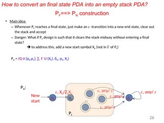 26
PF==> PN construction
• Main idea:
– Whenever PF reaches a final state, just make an  -transition into a new end state, clear out
the stack and accept
– Danger: What if PF design is such that it clears the stack midway without entering a final
state?
 to address this, add a new start symbol X0 (not in  of PF)
PN = (Q U {p0,pe}, ∑,  U {X0}, δN, p0, X0)
p0
, X0/Z0X0
New
start
, any/ 
, any/ 
, any/ 
q0 … pe
, any/ 
PF
PN:
How to convert an final state PDA into an empty stack PDA?
 