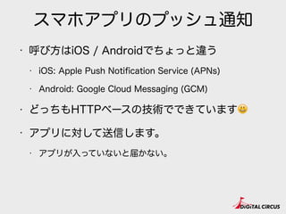 スマホアプリのプッシュ通知
• 呼び方はiOS / Androidでちょっと違う
• iOS: Apple Push Notiﬁcation Service (APNs)
• Android: Google Cloud Messaging (GCM)
• どっちもHTTPベースの技術でできています😃
• アプリに対して送信します。
• アプリが入っていないと届かない。
 