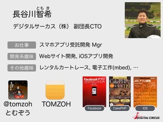 長谷川智希
とも き
@tomzoh 
とむぞう
開発系趣味
その他趣味
Webサイト開発, iOSアプリ開発
レンタルカートレース, 電子工作(mbed), …
TOMZOH
お仕事 スマホアプリ受託開発 Mgr
デジタルサーカス（株） 副団長CTO
Facebook CakePHP iOS
 