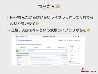 つらたん😭
• PHPなんだから誰か良いライブラリ作ってくれてる
んじゃないの？😢
→ 正解。ApnsPHPという鉄板ライブラリがある😊
 
