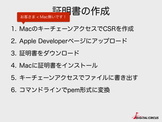 証明書の作成
1. MacのキーチェーンアクセスでCSRを作成
2. Apple Developerページにアップロード
3. 証明書をダウンロード
4. Macに証明書をインストール
5. キーチェーンアクセスでファイルに書き出す
6. コマンドラインでpem形式に変換
お客さま < Mac無いです！
 
