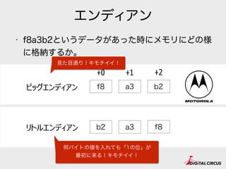 エンディアン
• f8a3b2というデータがあった時にメモリにどの様
に格納するか。
f8ビッグエンディアン
+0
a3
+1
リトルエンディアン
b2
+2
f8a3b2
見た目通り！キモチイイ！
何バイトの値を入れても「1の位」が
最初に来る！キモチイイ！
 