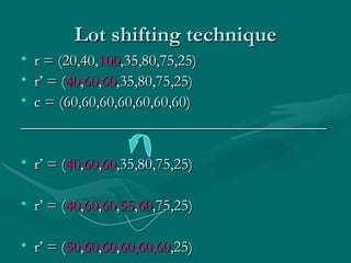 Lot shifting technique r = (20,40, 100 ,35,80,75,25) r’ = ( 40 , 60 , 60 ,35,80,75,25) c = (60,60,60,60,60,60,60) _______________________________________ r’ = ( 40 , 60 , 60 ,35,80,75,25) r’ = ( 40 , 60 , 60 , 55 , 60 ,75,25) r’ = ( 50 , 60 , 60 , 60,60,60 ,25) 