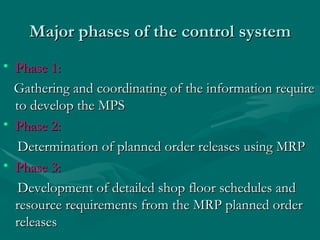 Major phases of the control system Phase 1: Gathering and coordinating of the information require to develop the MPS Phase 2: Determination of planned order releases using MRP Phase 3: Development of detailed shop floor schedules and resource requirements from the MRP planned order releases 