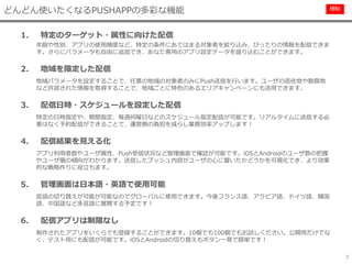 極秘
7
1. 特定のターゲット・属性に向けた配信
年齢や性別、アプリの使用頻度など、特定の条件にあてはまる対象者を絞り込み、ぴったりの情報を配信できま
す。さらにパラメータも自由に追加でき、あなた専用のアプリ設定データを盛り込むことができます。
2. 地域を限定した配信
地域パラメータを設定することで、任意の地域の対象者のみにPush送信を行います。ユーザの居住地や勤務地
など許諾された情報を取得することで、地域ごとに特色のあるエリアキャンペーンにも活用できます。
3. 配信日時・スケジュールを設定した配信
特定の日時指定や、期間指定、毎週何曜日などのスケジュール指定配信が可能です。リアルタイムに送信する必
要はなく予約配信ができることで、運営側の負担を減らし業務効率アップします！
4. 配信結果を見える化
アプリ利用者数やユーザ属性、Push受信状況など管理画面で確認が可能です。iOSとAndroidのユーザ数の把握
やユーザ層の傾向がわかります。送信したプッシュ内容がユーザの心に響いたかどうかを可視化でき、より効果
的な戦略作りに役立ちます。
5. 管理画面は日本語・英語で使用可能
言語の切り替えが可能が可能なのでグローバルに使用できます。今後フランス語、アラビア語、ドイツ語、韓国
語、中国語など多言語に展開する予定です！
6. 配信アプリは制限なし
制作されたアプリをいくらでも登録することができます。10個でも100個でもお試しください。公開用だけでな
く、テスト用にも配信が可能です。iOSとAndroidの切り替えもボタン一発で簡単です！
どんどん使いたくなるPUSHAPPの多彩な機能
 